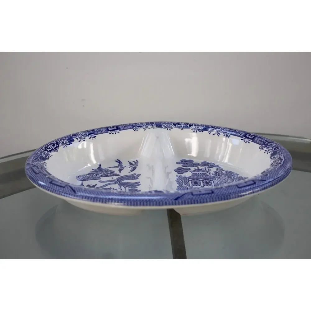 Churchill Blue Willow Oval Divided Serving‎ Dish Staffordshire  England 10”